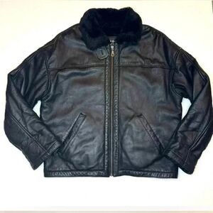 Wilson Leather  Black Faux Fur Aviator Bomber Leather Jacket